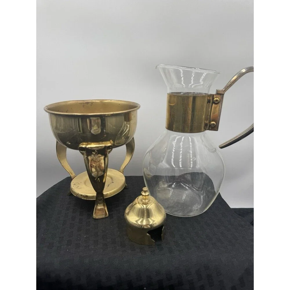 Vintage Princess House Heritage Crystal & BrassCoffee Tea Pot Carafe Warmer